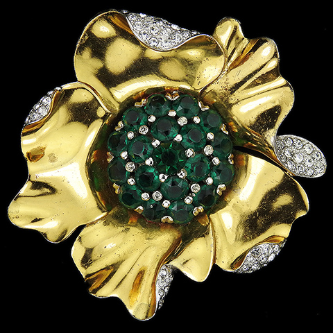 Dujay Gold Pave and Open Backed Emeralds Flower Pin Clip