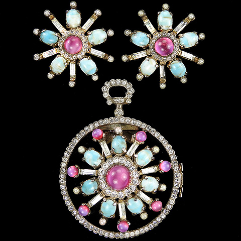 Nettie Rosenstein Sterling Pearls Pink Topaz and Marbled Turquoise Cabcohons Fob Watch Pin Clip and Star Clip Earrings Set