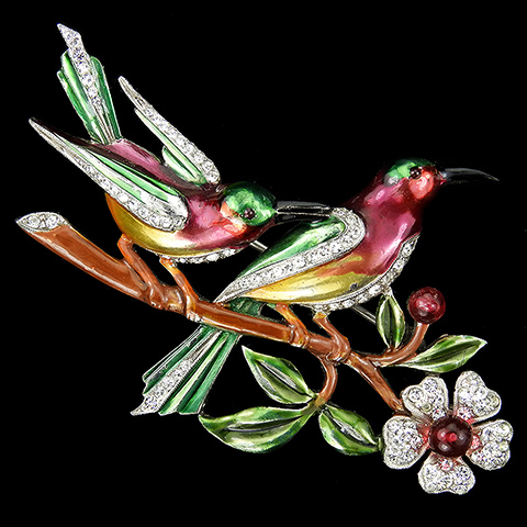 Dujay Pave and Metallic Enamel Two Birds on a Branch with Flower, Berry and Leaves Pin