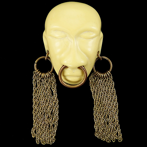 Joseff of Hollywood Ivory 'Headhunter' African Face Mask with Golden Earrings Pin