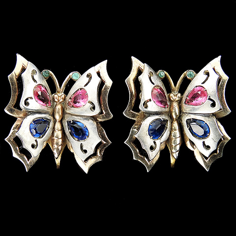 Dujay Sterling Double Winged Silver Scrolls and Gold Openwork Multicolour Stones Butterfly Screwback Earrings