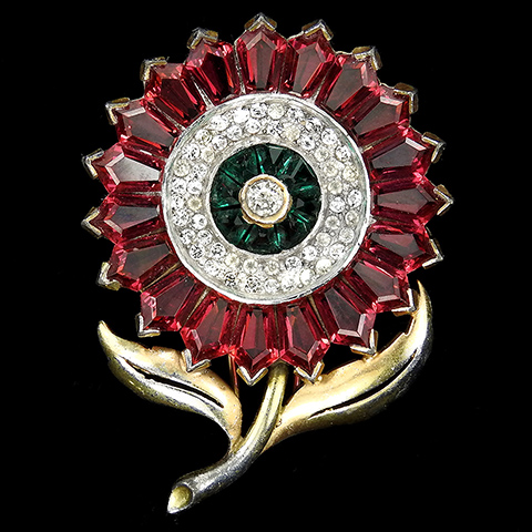 Dujay Gold Pave Invisibly Set Emeralds and Kite Cut Rubies Circular Flower with Openwork Leaves Pin Clip