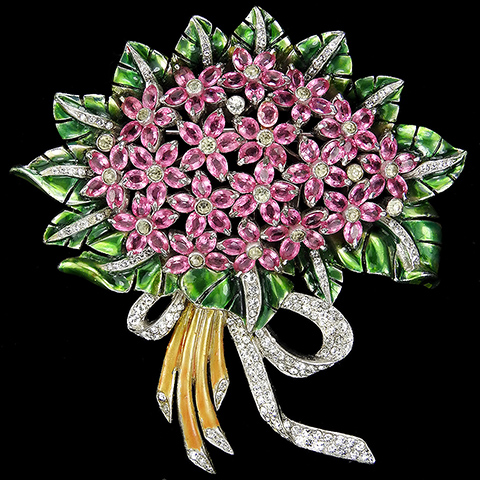 Dujay Pave and Metallic Enamel Giant Floral Posy of Five Petalled Pink Topaz Flowers and Leaves Pin