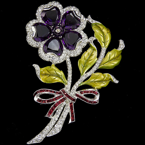 Dujay Pave and Metallic Enamel Flower with Heart Shaped Amethyst Petals and Invisibly Set Ruby Bow Floral Spray Pin