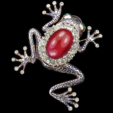 Dujay Sterling Gold Pave and Rose Quartz Cabochon Tree Frog Pin