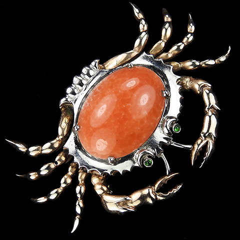 Dujay Sterling Gold Silver and Coral Cabochon Crab Pin