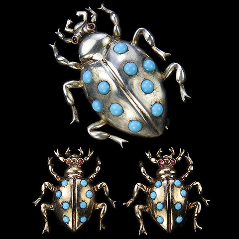 Dujay Sterling Gold Ruby and Turquoise Cabochons Ladybug Bug Pin and Clip Earrings Set