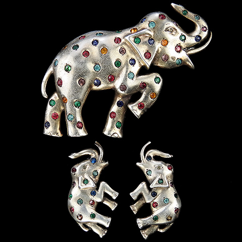 Dujay Sterling Gold and Multicolour Spangles Trumpeting Elephant Pin and Screwback Earrings Set