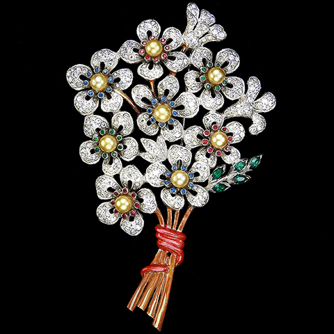 Dujay Pave Pearls and Emerald Navettes Eight Flower Floral Spray Pin with Bow