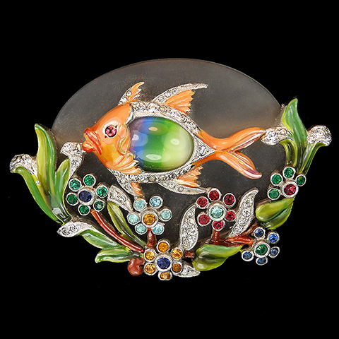 Dujay Pave Enamel and Rainbow Cabochon Belly Fish in an Underwater Aquarium Scene Pin