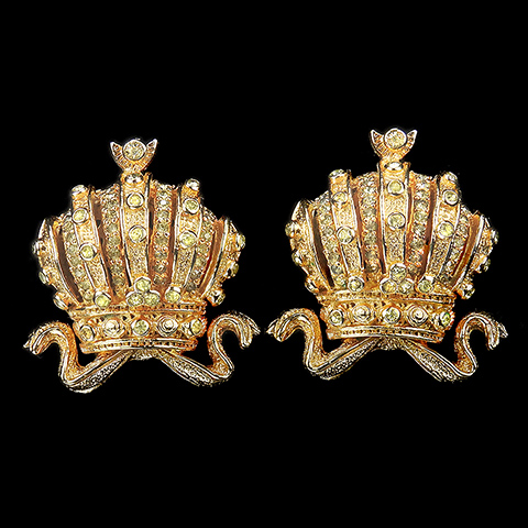 Nettie Rosenstein Spangled Gold Royal Imperial Crowns Clip Earrings