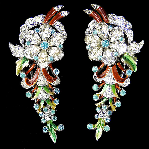Dujay Pave and Enamel Large and Small Flowers on Branches Matched Pair of Floral Spray Pin Clips