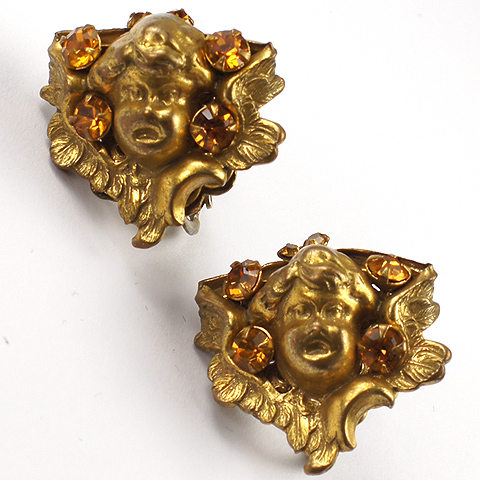 Miriam Haskell Golden Winged Cherub Faces with Citrine Spangles Clip Earrings