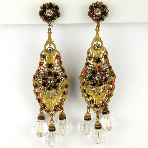 Miriam Haskell Gold Filigree, Rubies and Triple Dangling Crystals Pendant Screwback Earrings