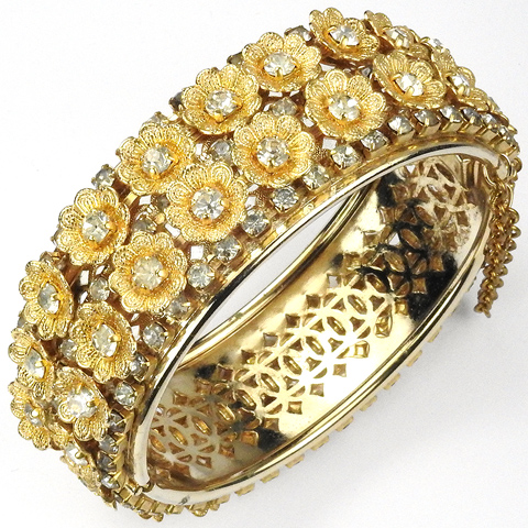 Miriam Haskell (unsigned) Gold and Diamante Flowers Bangle Bracelet