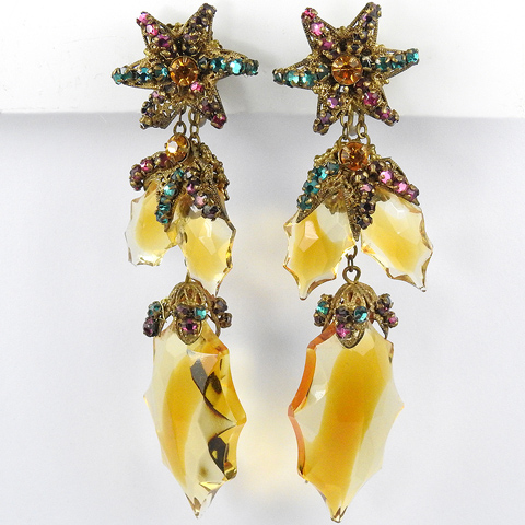 Miriam Haskell Gold Filigree Stars Multicolour Stones and Glass Holly Leaves Pendant Clip Earrings