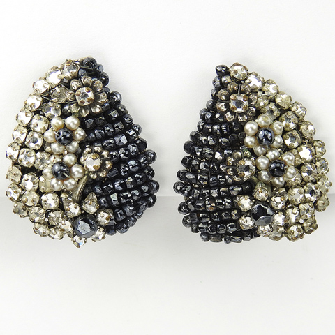 Jonne Pave Seed Pearls and Beads Leaves and Flowers Clip Earrings