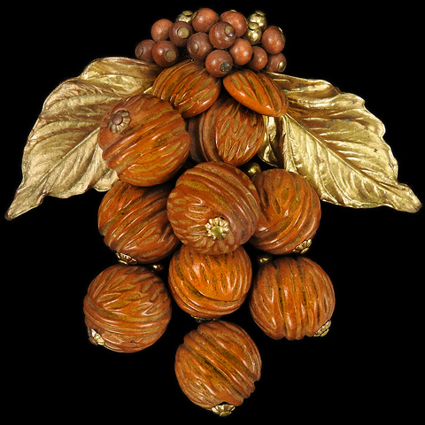 Miriam Haskell Gold Leaves and Carved Wood Pendant Nuts and Berries Dress Clip