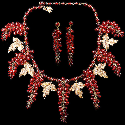 Miriam Haskell Gold Leaves and Multiple Poured Glass Ruby Berry Pendants Necklace and Pendant Clip Earrings Set