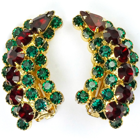 Hattie Carnegie Emerald and Ruby Gold Tracery Clip Earrings