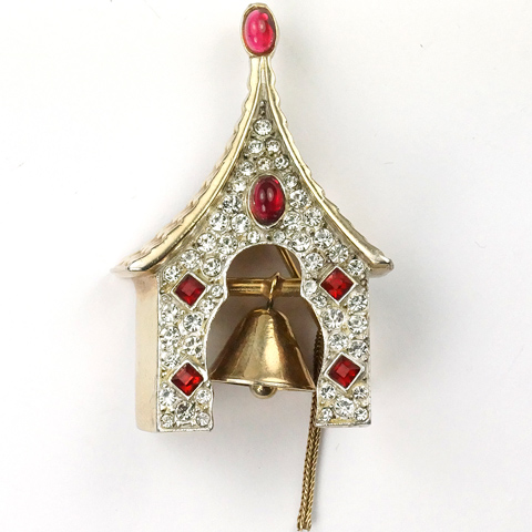 Hattie Carnegie Gold Pave and Ruby Cabochons Tower Belfry with Ringing Church Bell Pin