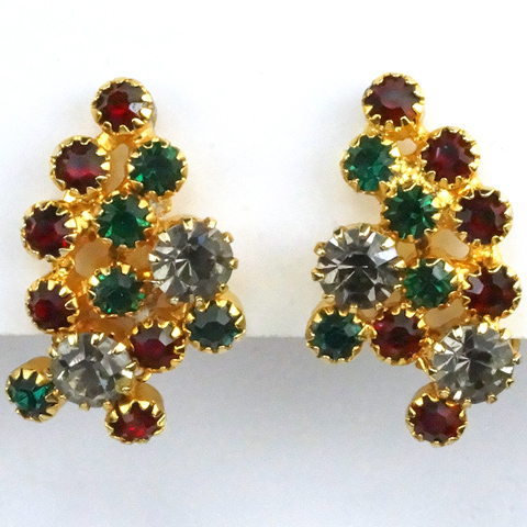 Hattie Carnegie Emerald Ruby and Black Diamond Clip Earrings