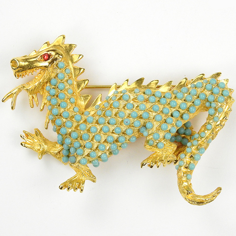 Hattie Carnegie Gold and Turquoise Cabochons Roaring Chinese Dragon Pin