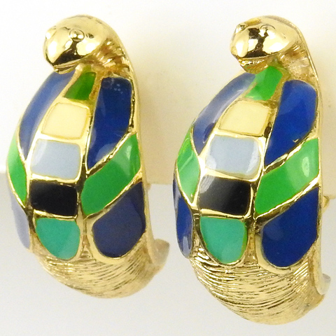Hattie Carnegie Egyptian Revival Gold and Enamel Snakes Head Clip Earrings 
