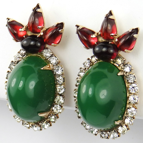 Hattie Carnegie 'Kenneth J Lane' 'East Indian' Pave Ruby and Emerald Cabochons Clip Earrings