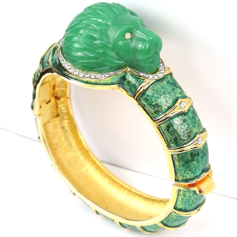 Hattie Carnegie Gold Pave Jade and Green Enamel Lion's Head Bangle Bracelet