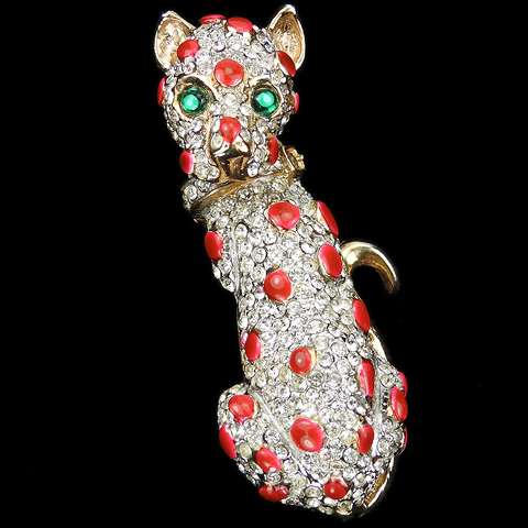 Vintage KJL Gold Pave and Enamel Red Spotted Panther or Leopard Pin