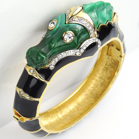 Kenneth Lane Translucent Jade and Black Enamel Seahorse or Dragon's Head Bangle Bracelet