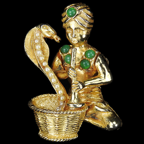 Hattie Carnegie Gold Jade and Pearls Snake Charmer with Snake Pin