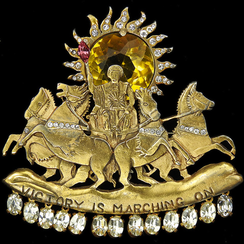 After Hattie Carnegie WW2 US Allies Patriotic Gold Pave and Diamond Cut Citrine Greek Charioteer and Four Horses 'Victory is Marching On' Pin