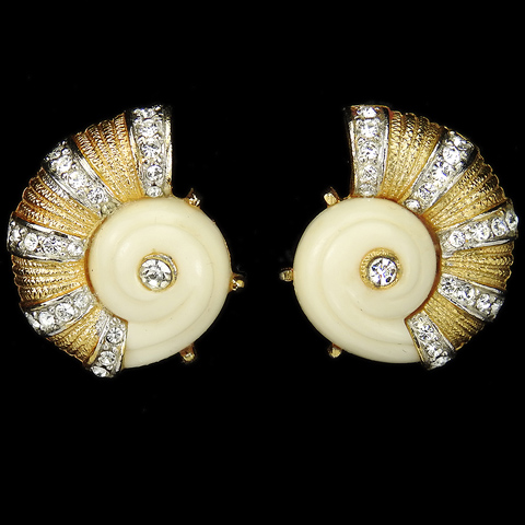 Hattie Carnegie Gold Pave and Faux Ivory Snail Shells or Seashells Clip Earrings