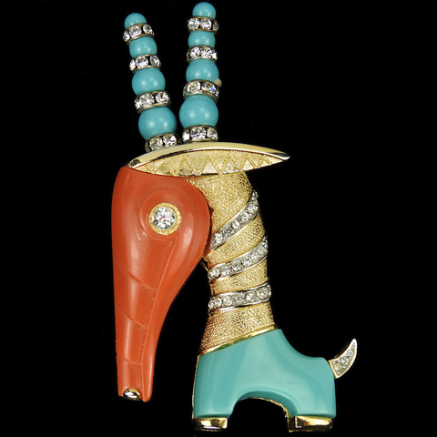 Hattie Carnegie Gold Pave Coral and Turquoise 'Peruvian Horse' Long Nosed Animal Pin
