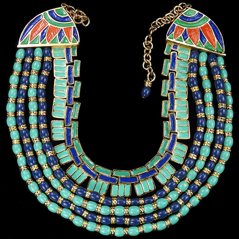 Hattie Carnegie Egyptian Revival Gold Turquoise Lapis and Enamel Five Stranded Collar Necklace