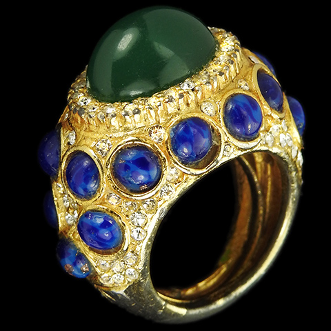 Vintage KJL Gold Pave Jade and Lapis Cabochons Finger Ring