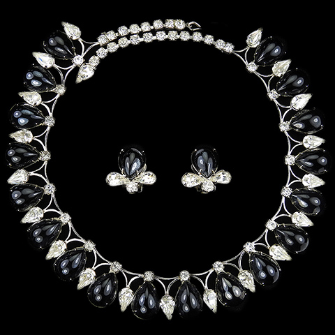 Hattie Carnegie Diamante Spangles and Navettes Teardrop Onyx Cabochons 'Jeweled Smoke' Choker Necklace and Clip Earrings Set