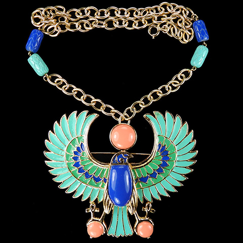 Hattie Carnegie Gold Turquoise Enamel Lapis and Coral Giant Falcon with Sun Disc and Ankhs (Egyptian God Ra-Harakhte) Pin or Pendant Necklace
