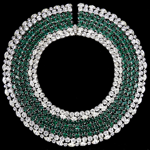 Hattie Carnegie (unsigned) Diamante and Emerald Bands Giant Circular Wide Collar Necklace