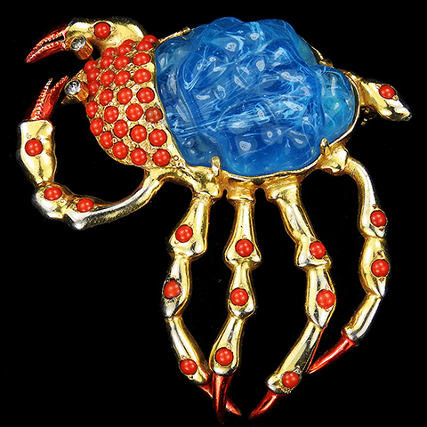 Hattie Carnegie Gold Coral Cabochons and Poured Glass Crab Pin