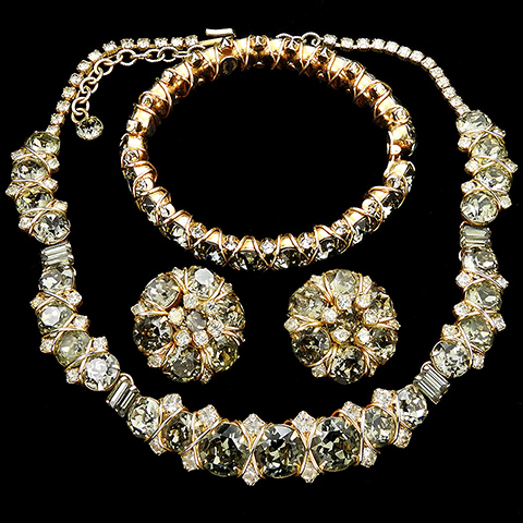 Hattie Carnegie 'Jewels of Fantasy' 'Jeweled Smoke' Gold and Black Diamond Choker Necklace Bangle Bracelet and Clip Earrings Set