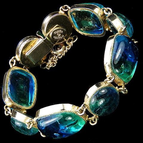 Hattie Carnegie Gold and Iridescent Blue Green Poured Glass Bracelet