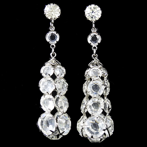 Hattie Carnegie Four Sided Crystal Chaton Towers Pendant Clip Earrings