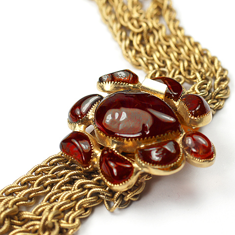 Hattie Carnegie Five Gold Chains and Ruby Poured Glass Necklace