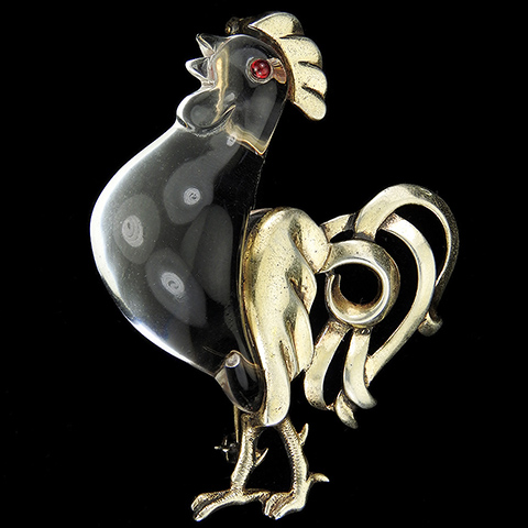 Sterling Gold and Ruby Cabochon Jelly Belly Rooster Pin