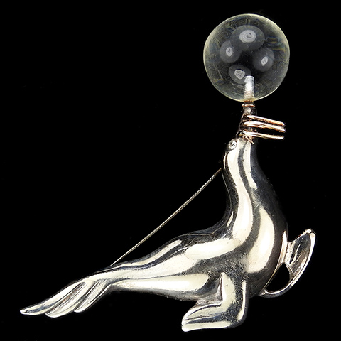 Jelly Belly Sterling Sea Lion with Golden Whiskers Balancing a Lucite Ball Pin