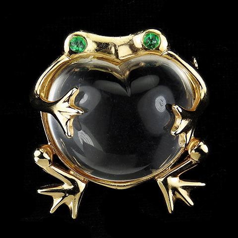 Made in France Gold and Emerald Jelly Belly Heart Shaped Frog Pin