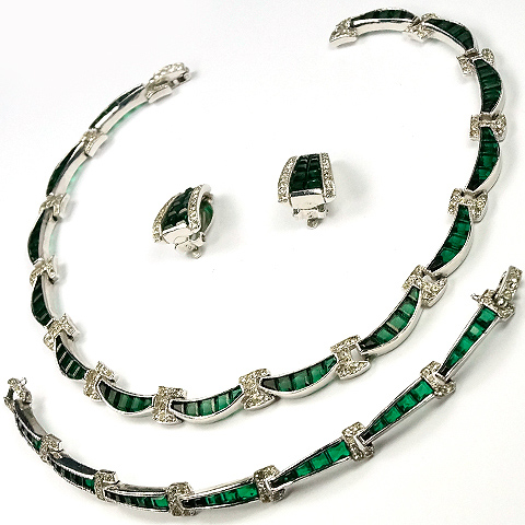 Jomaz Pave and Invisibly Set Emeralds Necklace Bracelet and Clip Earrings Set